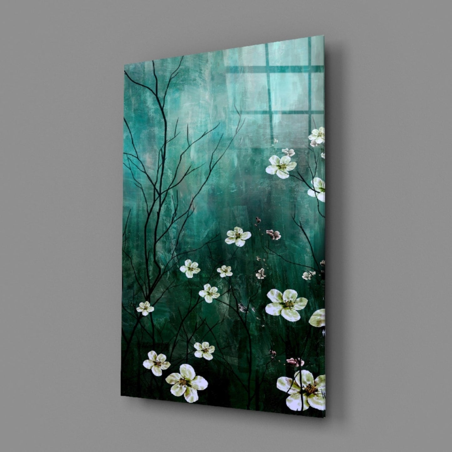 Emerald Blossom Branch Glass Wall Art