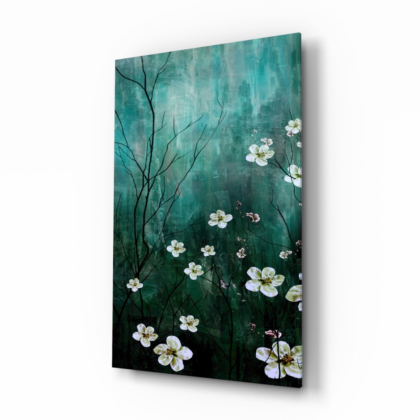 Emerald Blossom Branch Glass Wall Art