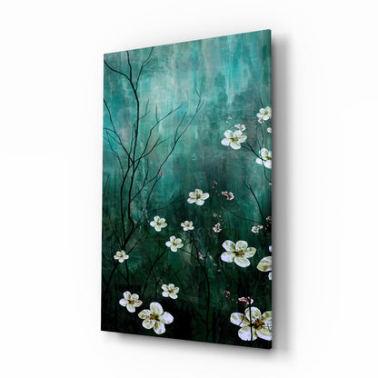 Emerald Blossom Branch Glass Wall Art
