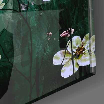 Emerald Blossom Branch Glass Wall Art