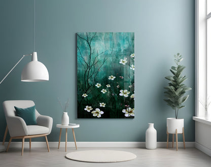 Emerald Blossom Branch Glass Wall Art