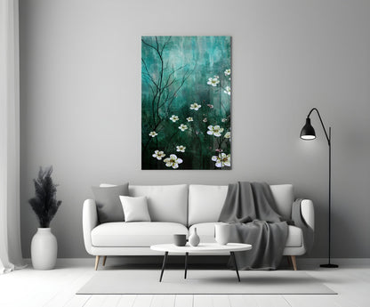 Emerald Blossom Branch Glass Wall Art