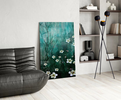 Emerald Blossom Branch Glass Wall Art