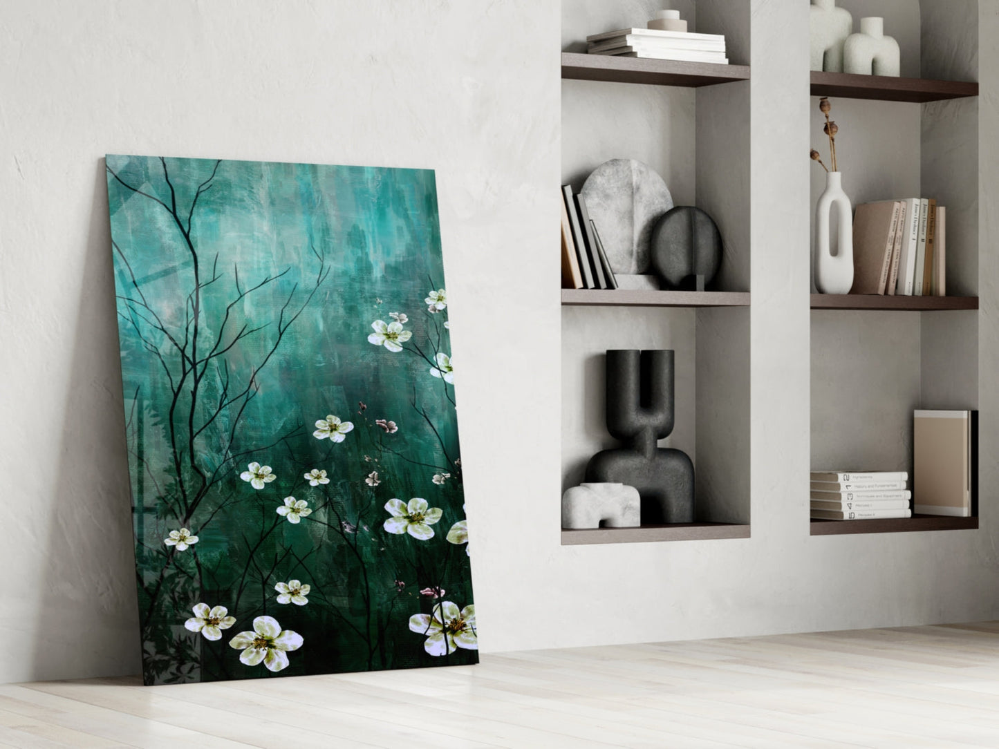 Emerald Blossom Branch Glass Wall Art