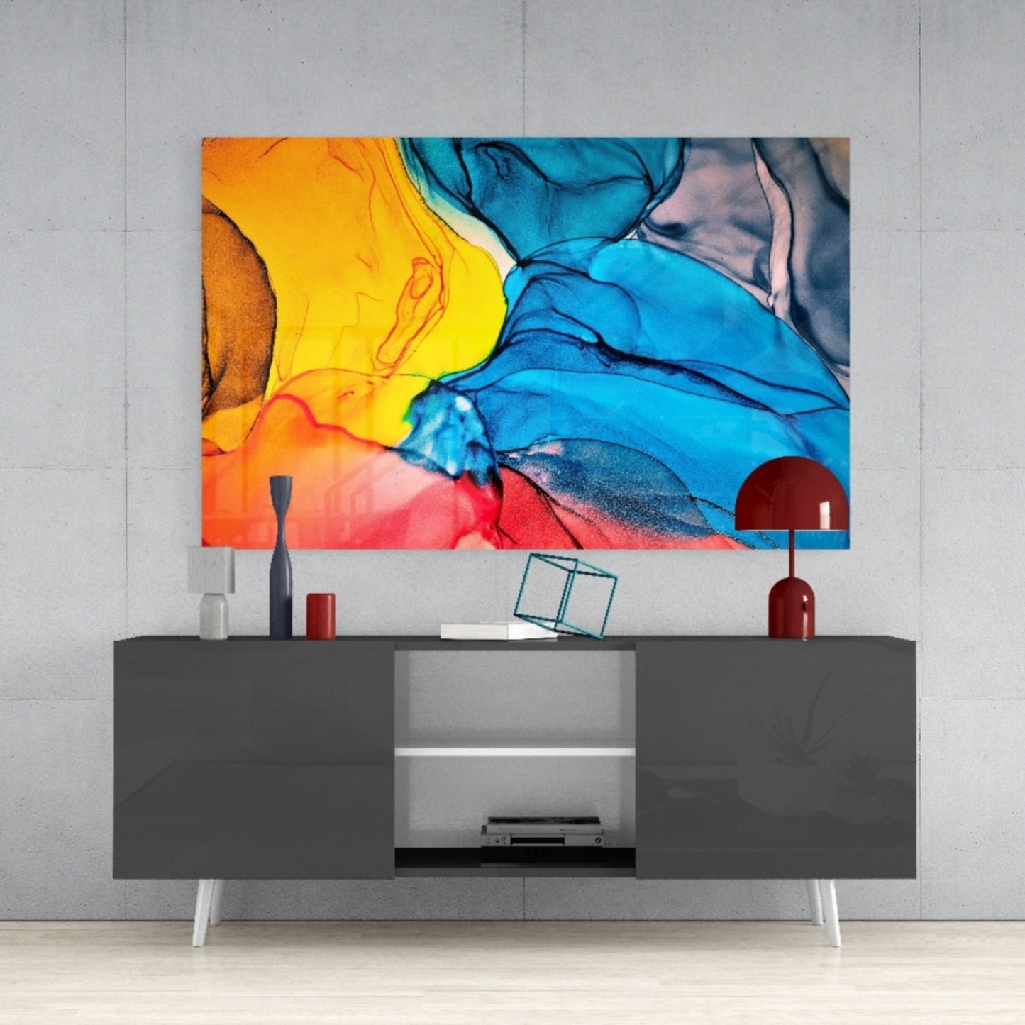 Blue Orange Ink Flow Glass Wall Art