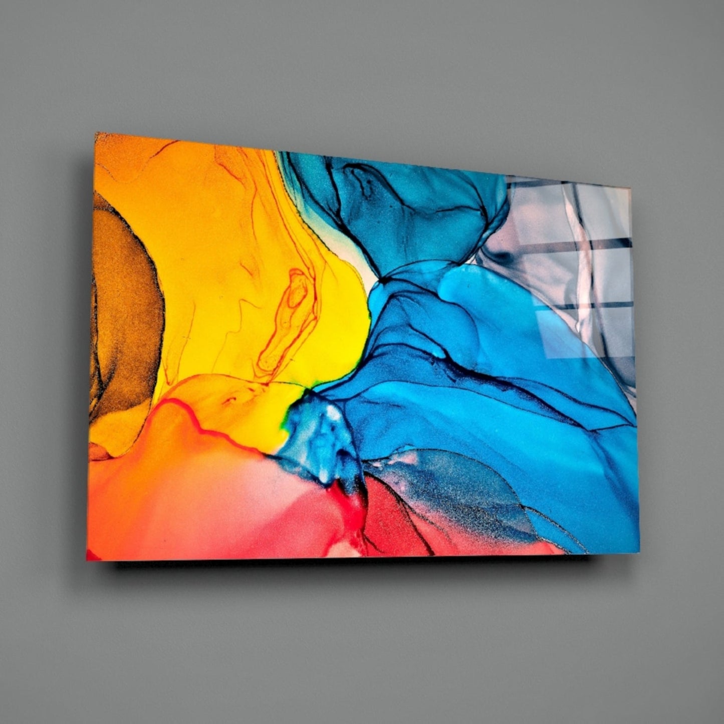 Blue Orange Ink Flow Glass Wall Art