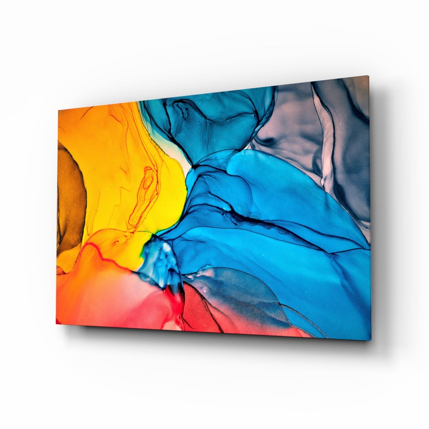 Blue Orange Ink Flow Glass Wall Art