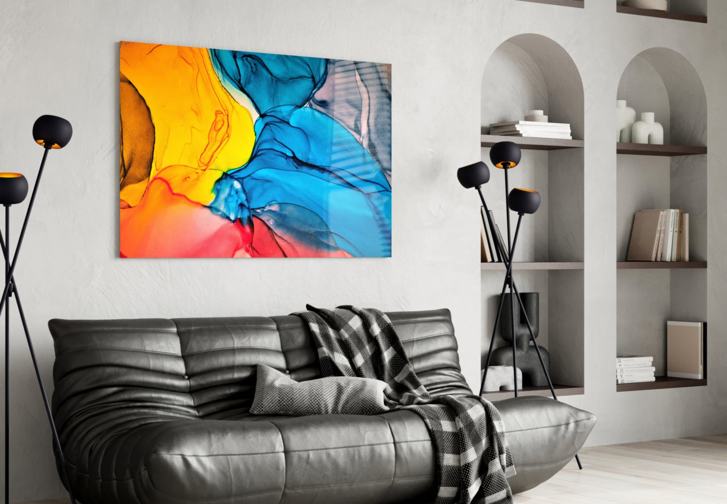 Blue Orange Ink Flow Glass Wall Art