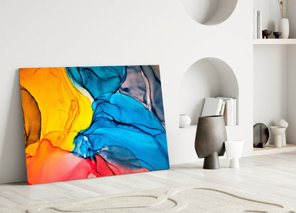 Blue Orange Ink Flow Glass Wall Art