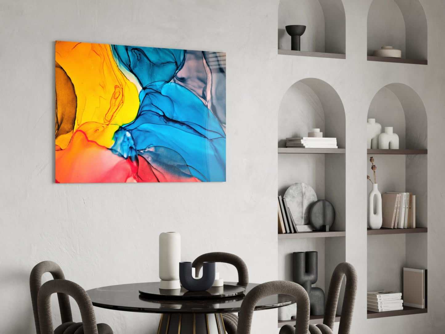 Blue Orange Ink Flow Glass Wall Art