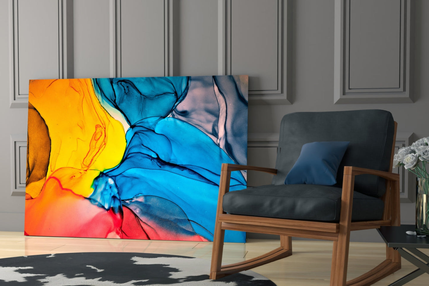Blue Orange Ink Flow Glass Wall Art
