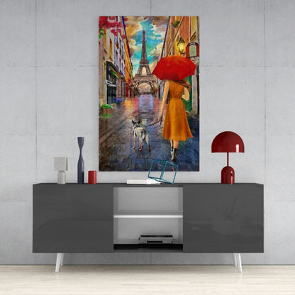 Paris Rainy Street Stroll Glass Wall Art