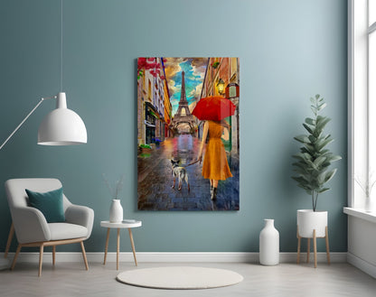 Paris Rainy Street Stroll Glass Wall Art