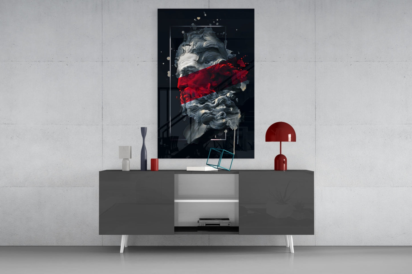 Poseidon Bust Crimson Stripe Glass Wall Art