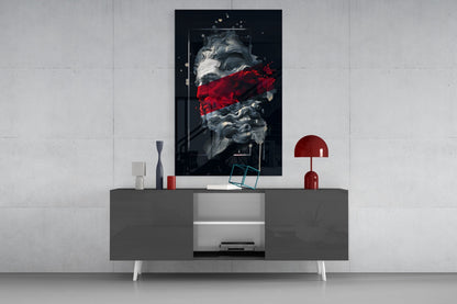 Poseidon Bust Crimson Stripe Glass Wall Art