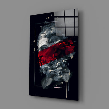 Poseidon Bust Crimson Stripe Glass Wall Art
