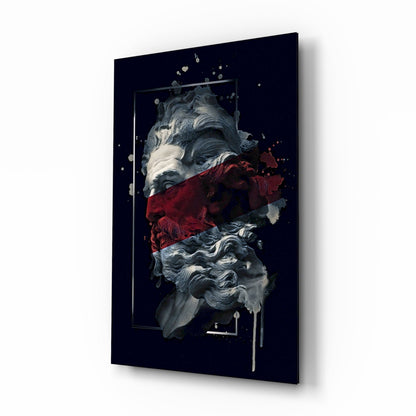 Poseidon Bust Crimson Stripe Glass Wall Art