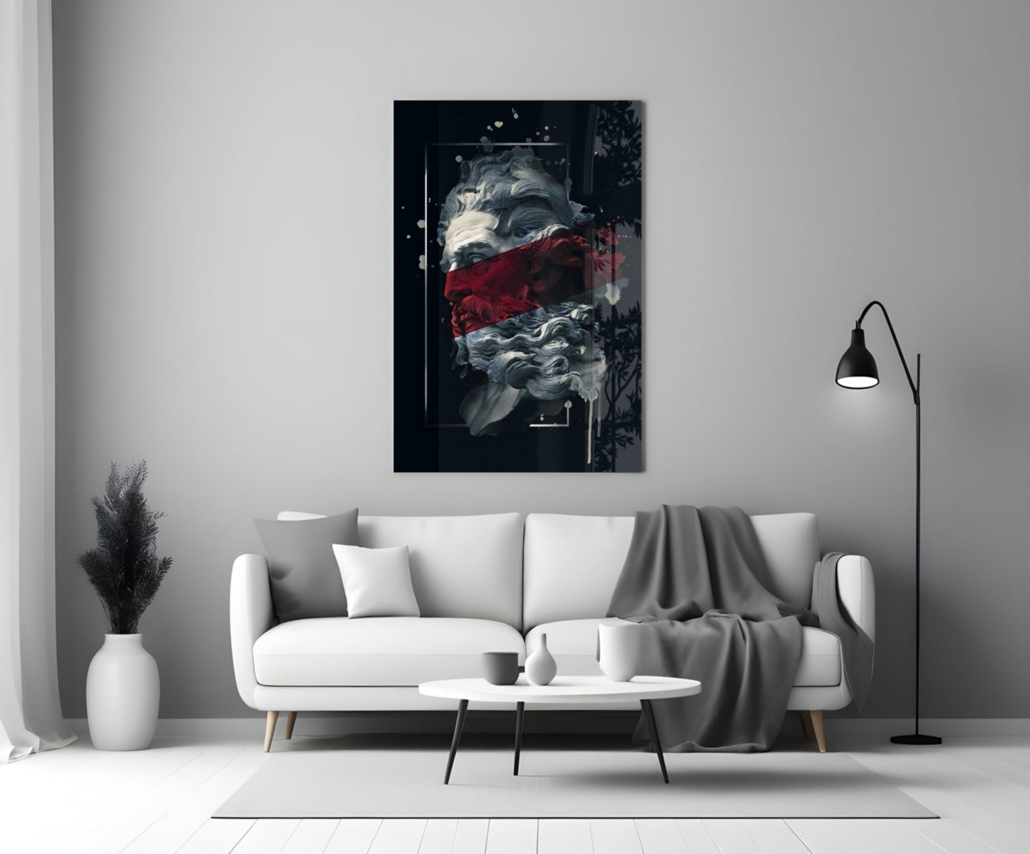 Poseidon Bust Crimson Stripe Glass Wall Art
