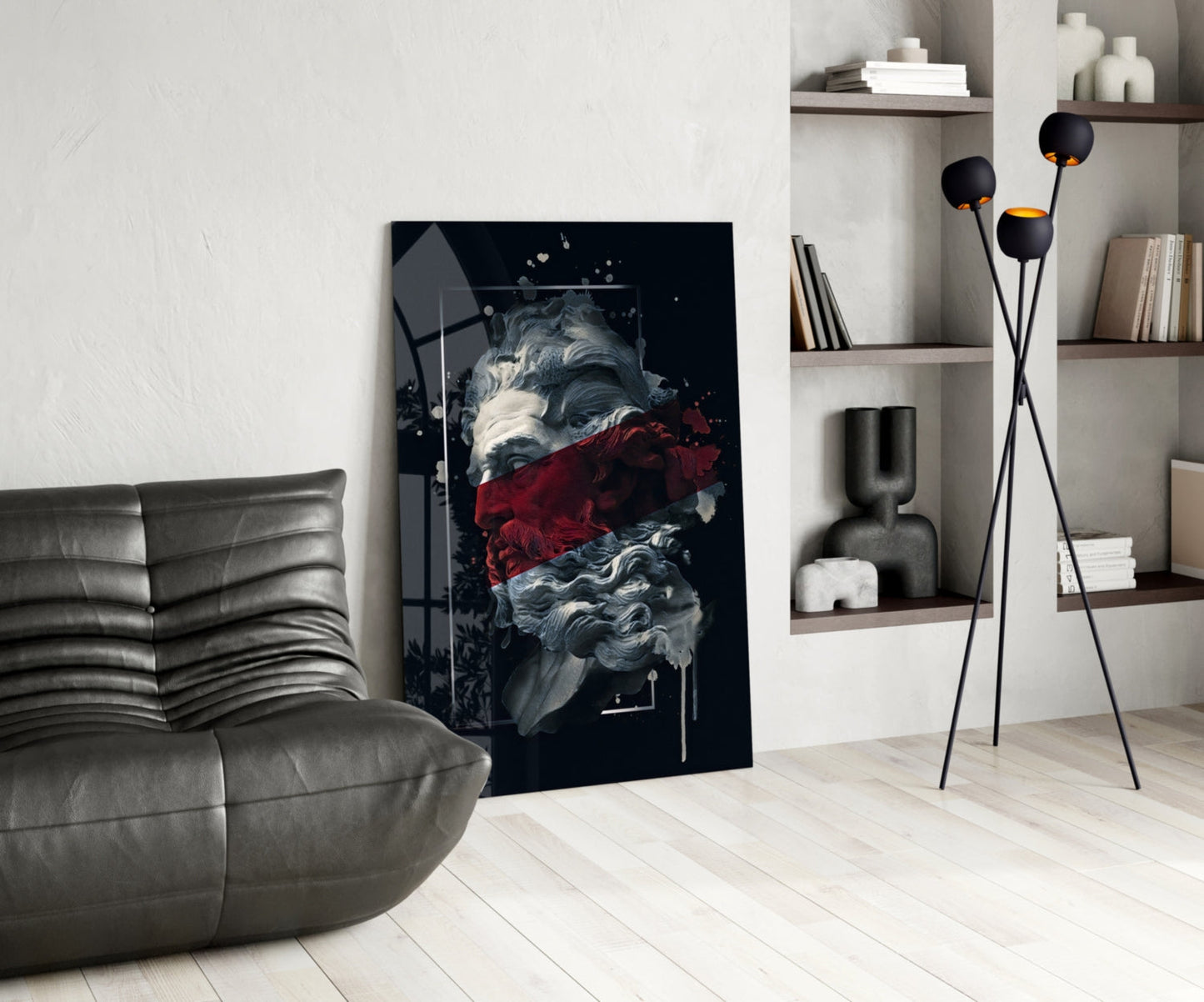 Poseidon Bust Crimson Stripe Glass Wall Art