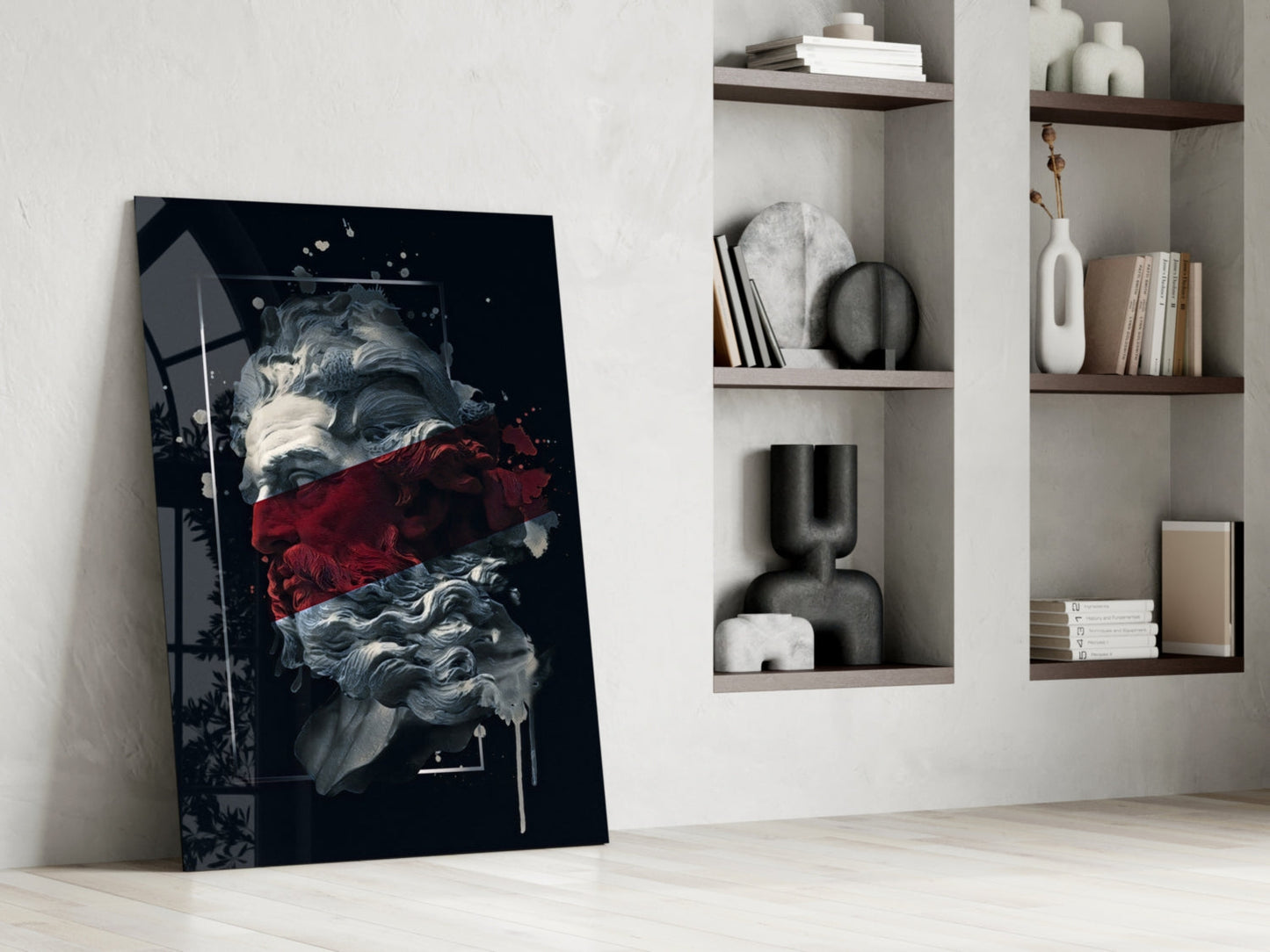 Poseidon Bust Crimson Stripe Glass Wall Art
