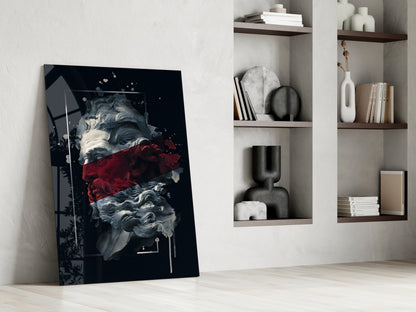 Poseidon Bust Crimson Stripe Glass Wall Art