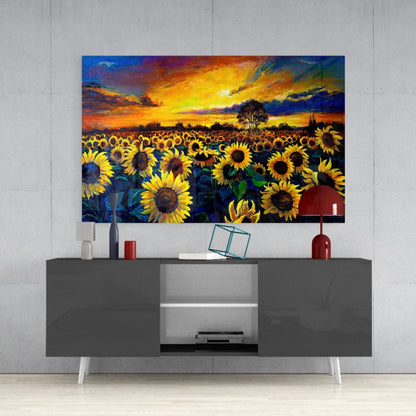 Sunflower Field Sunset Glass Wall Art
