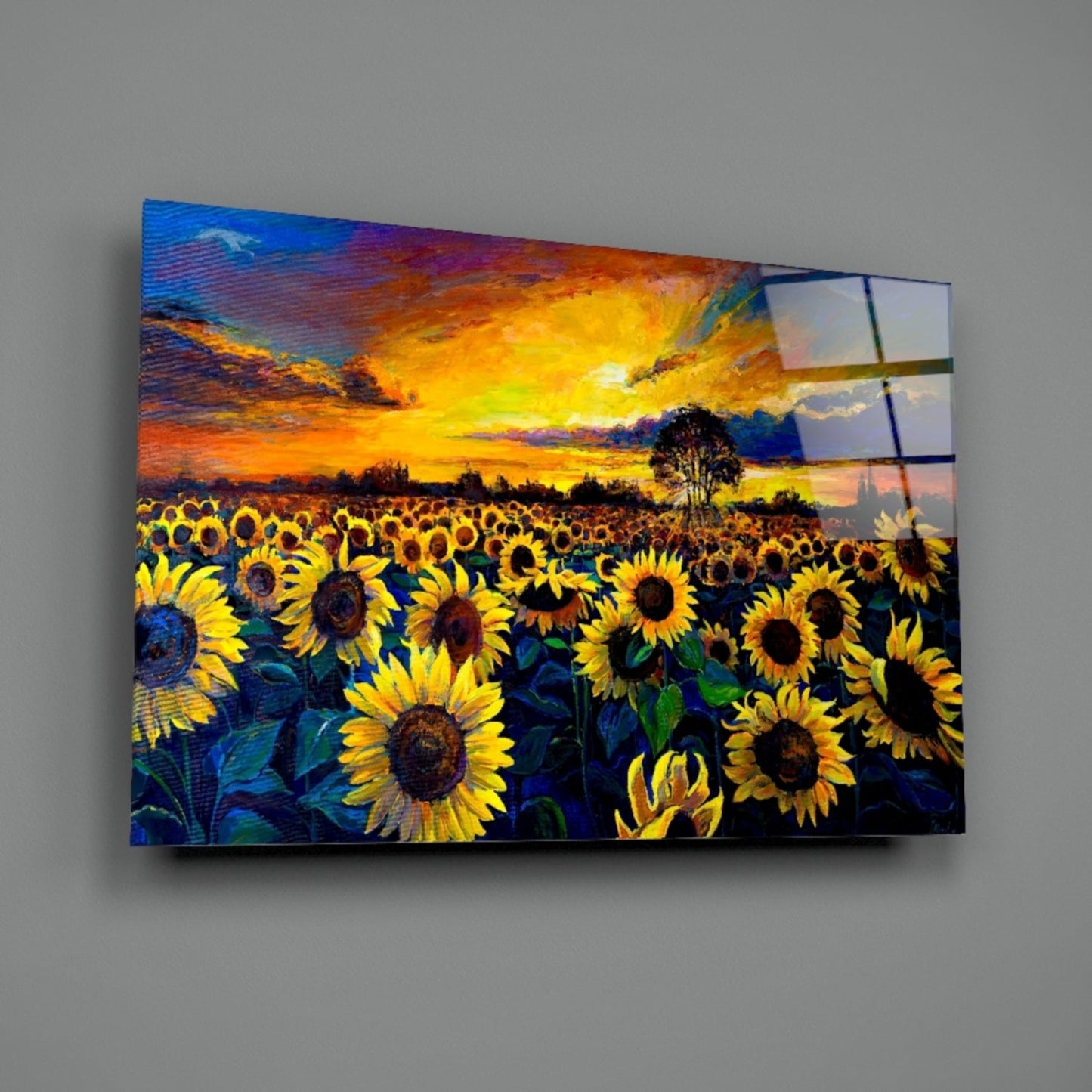 Sunflower Field Sunset Glass Wall Art