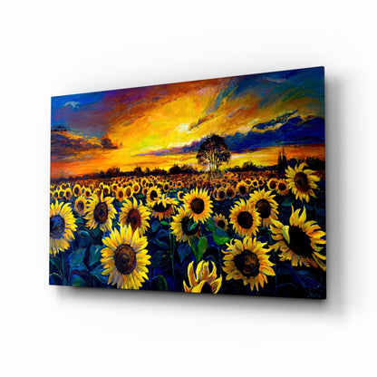 Sunflower Field Sunset Glass Wall Art