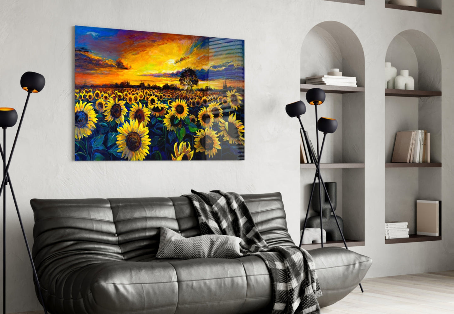 Sunflower Field Sunset Glass Wall Art