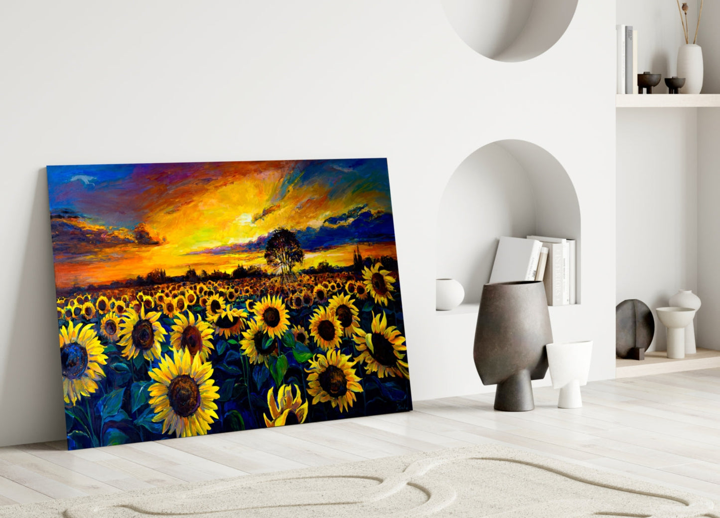 Sunflower Field Sunset Glass Wall Art