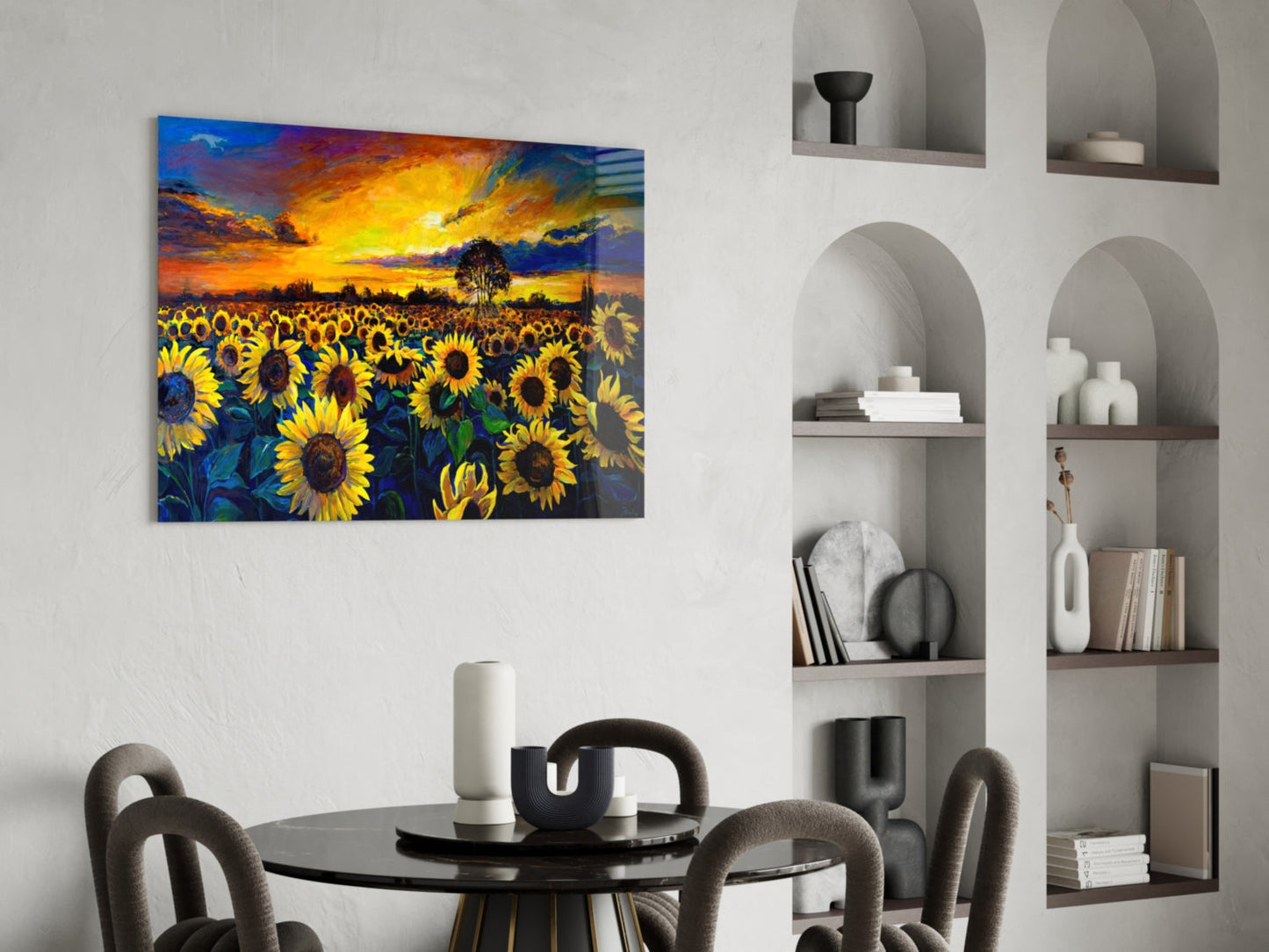 Sunflower Field Sunset Glass Wall Art