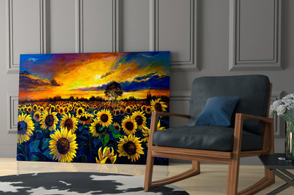 Sunflower Field Sunset Glass Wall Art