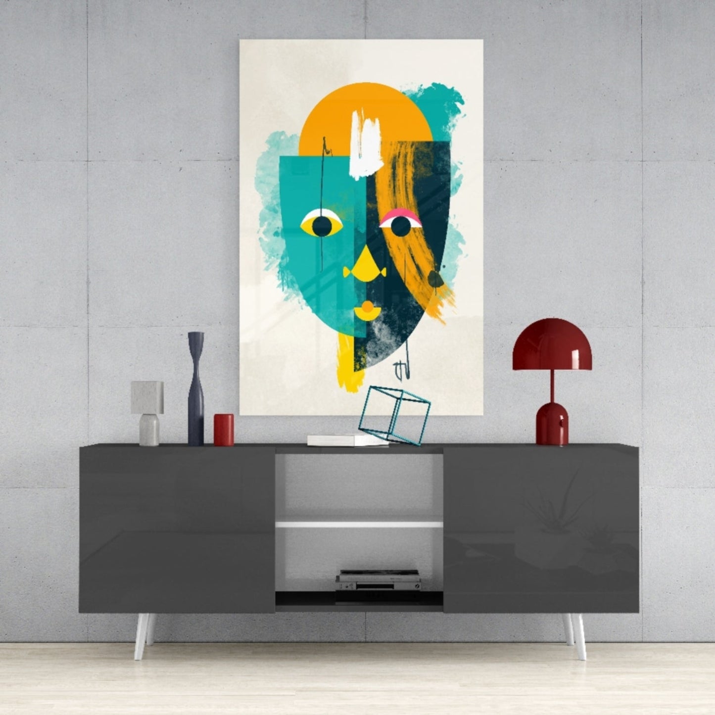 Teal and Yellow Geometric Face Glass Wall Art