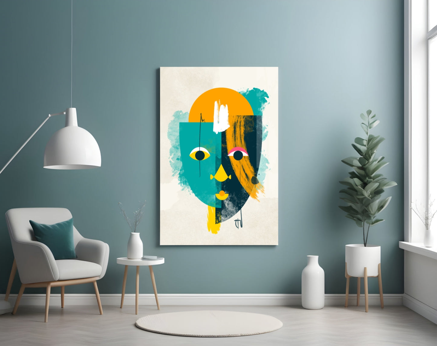 Teal and Yellow Geometric Face Glass Wall Art