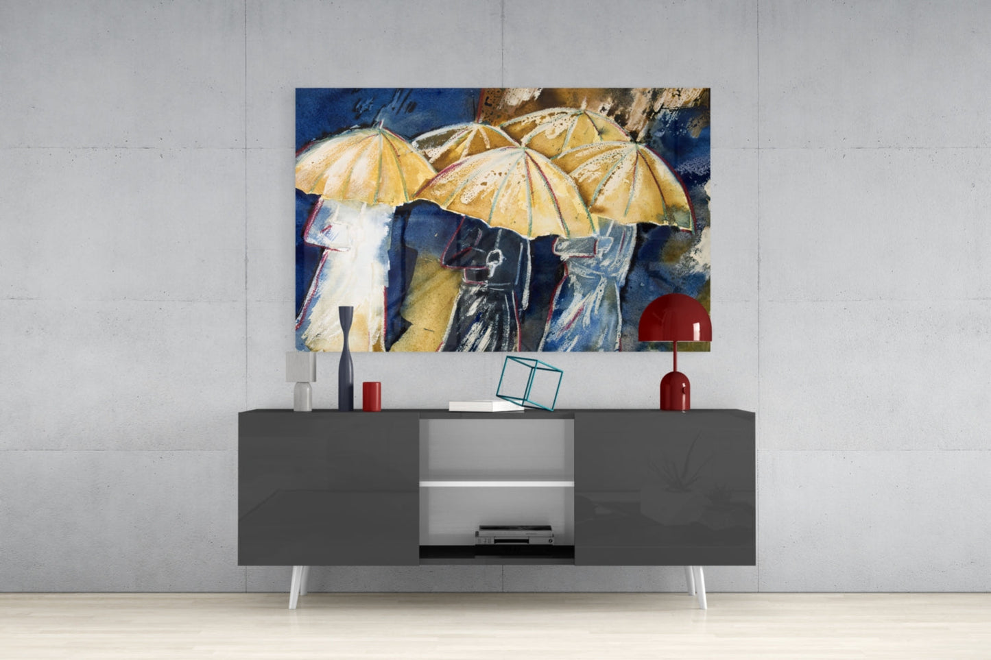 Yellow Umbrellas Glass Wall Art
