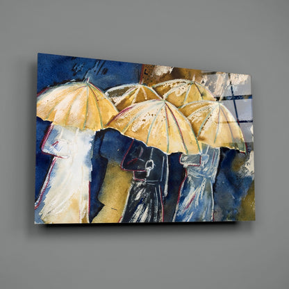 Yellow Umbrellas Glass Wall Art