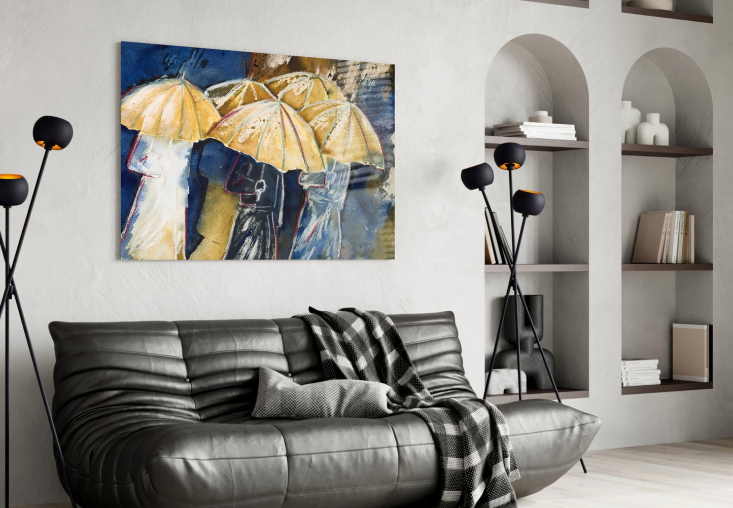 Yellow Umbrellas Glass Wall Art