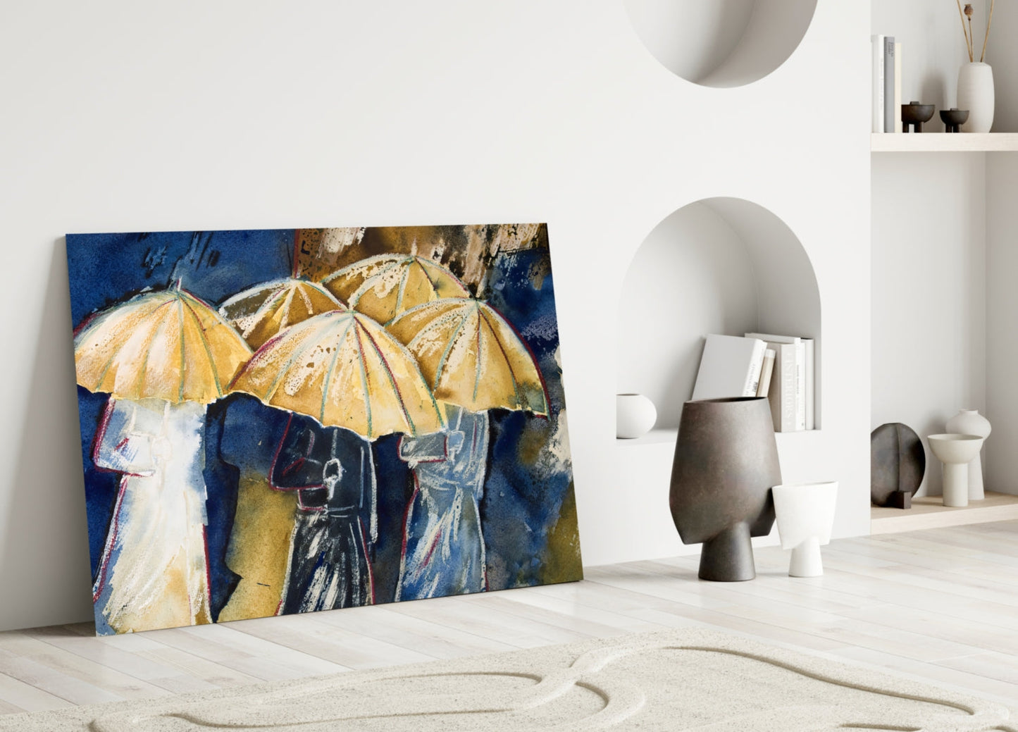Yellow Umbrellas Glass Wall Art