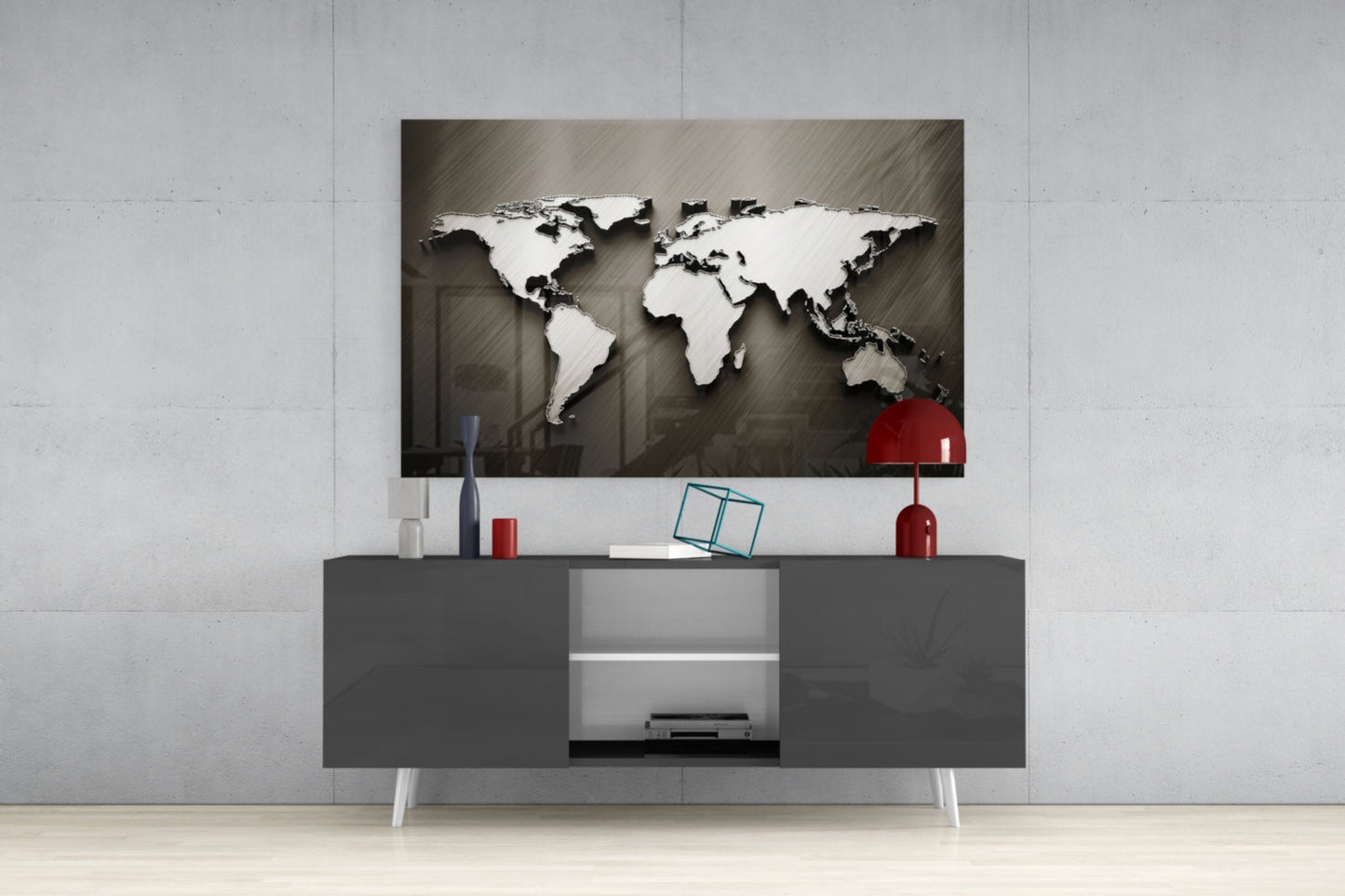 Chrome World Map Glass Wall Art