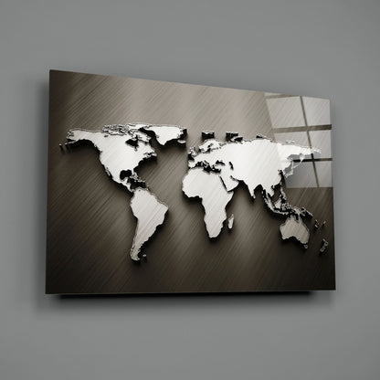 Chrome World Map Glass Wall Art