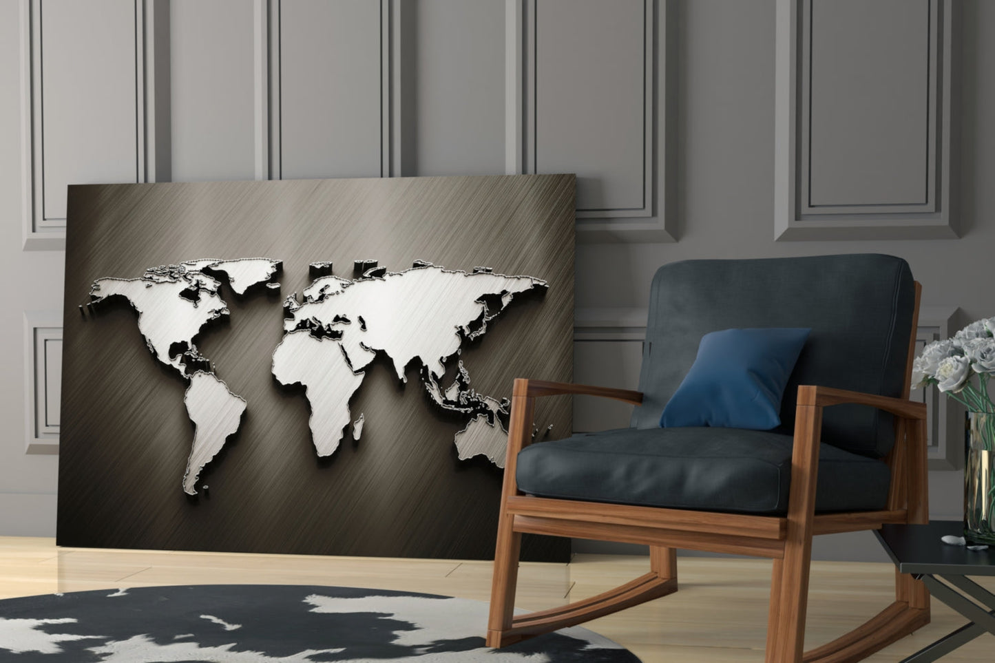 Chrome World Map Glass Wall Art