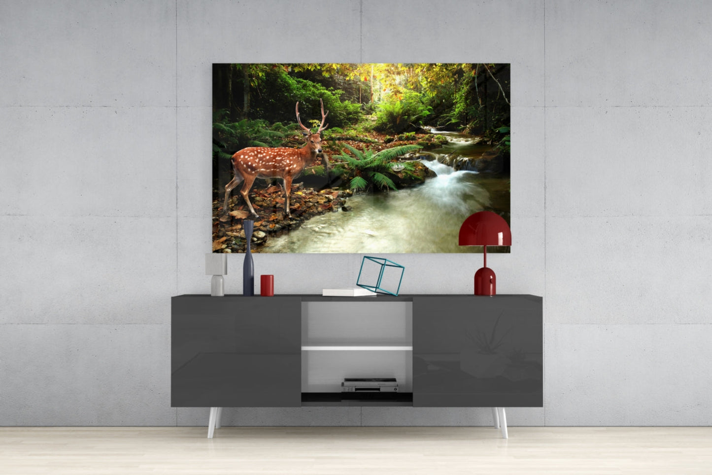 Forest Deer Glass Wall Art Woodland Stream Print
