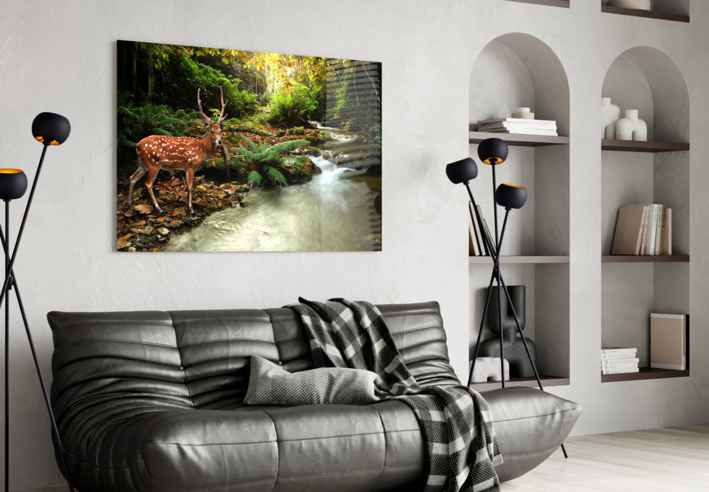 Forest Deer Glass Wall Art Woodland Stream Print