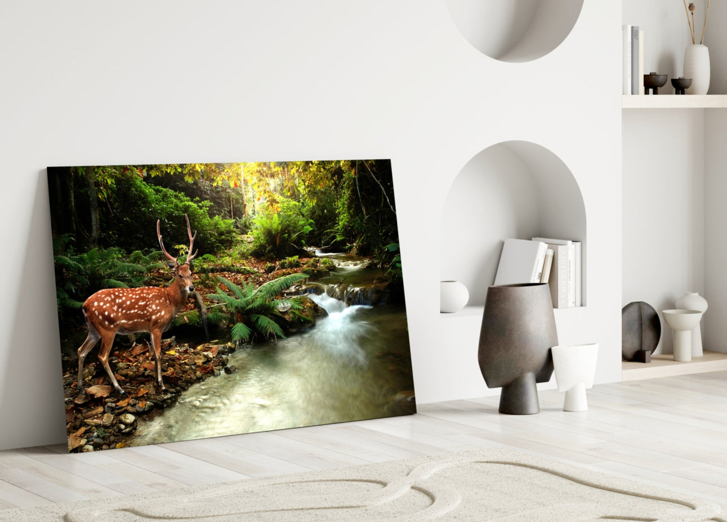 Forest Deer Glass Wall Art Woodland Stream Print