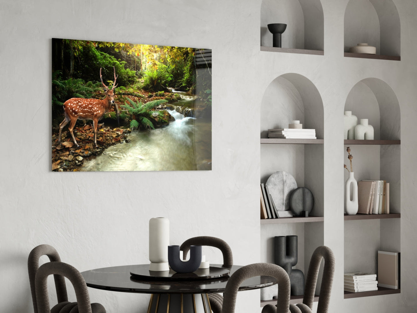Forest Deer Glass Wall Art Woodland Stream Print