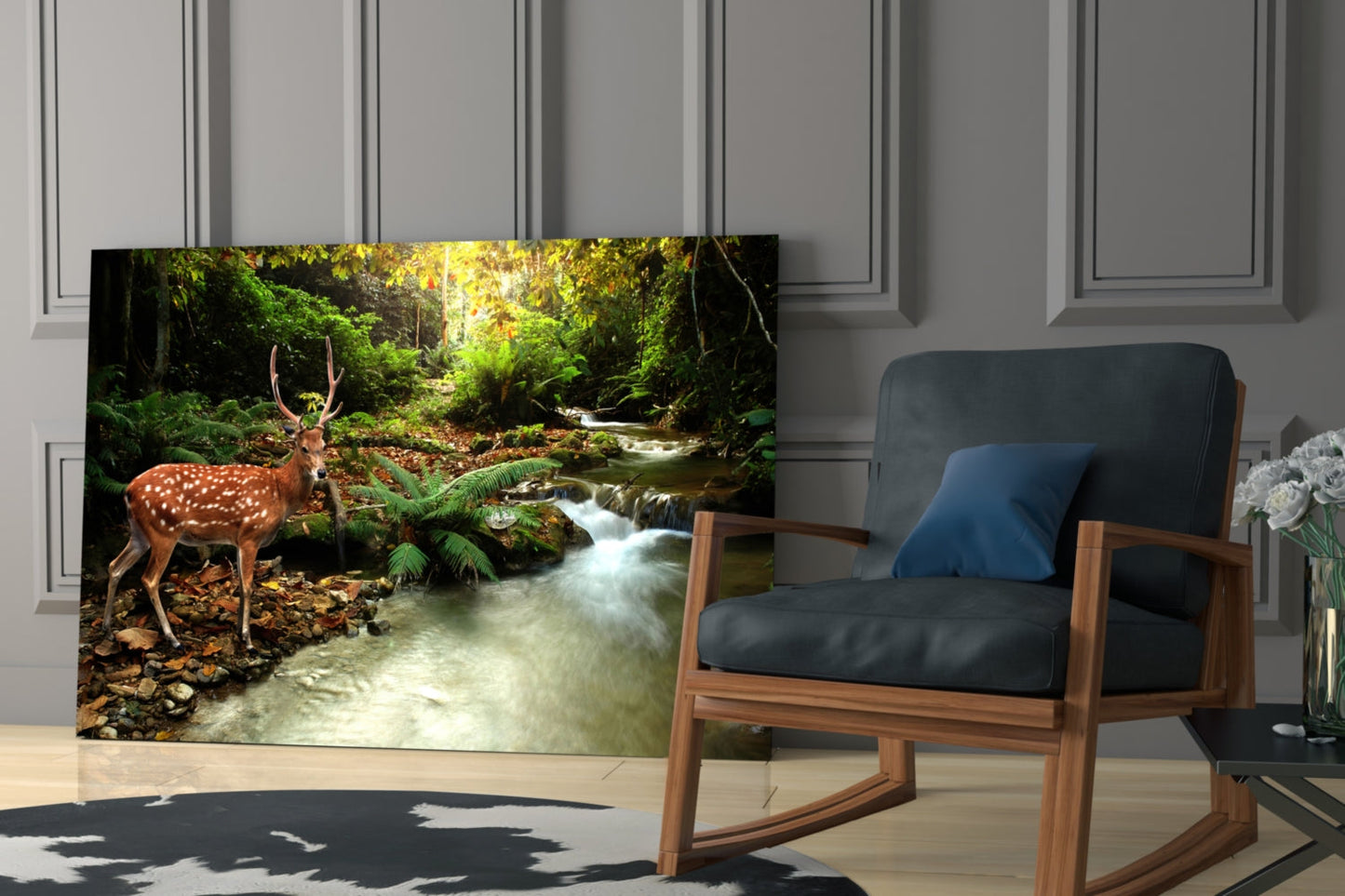Forest Deer Glass Wall Art Woodland Stream Print