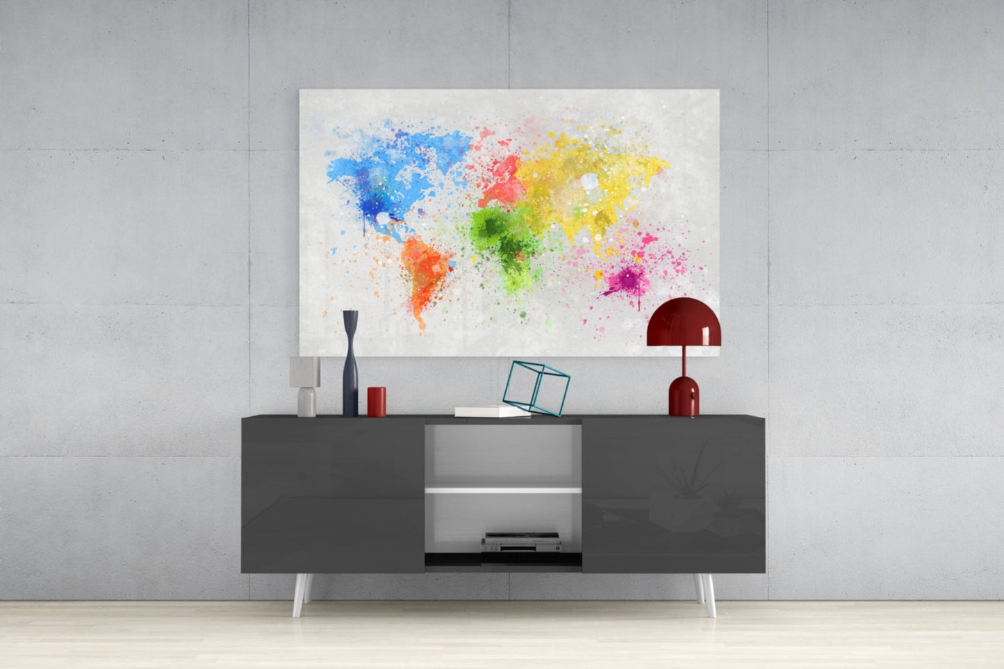 Watercolor World Map Glass Wall Art