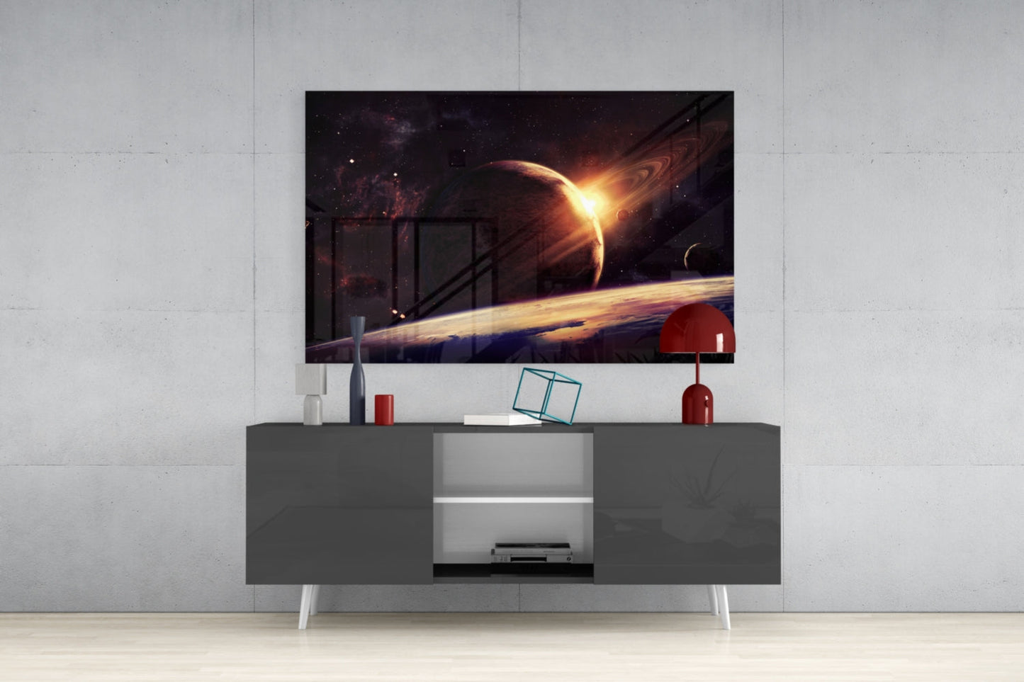 Ringed Planet Sunrise Glass Wall Art