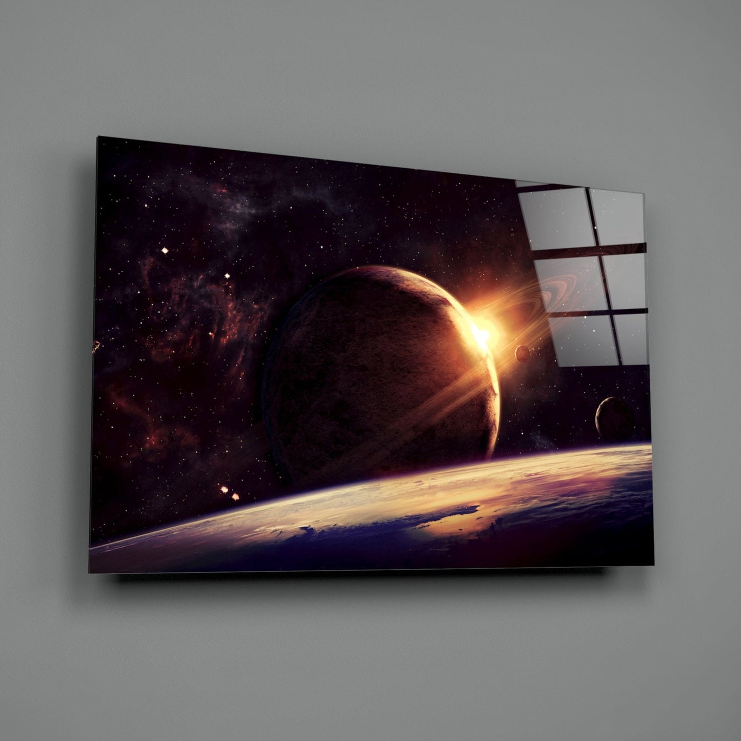 Ringed Planet Sunrise Glass Wall Art