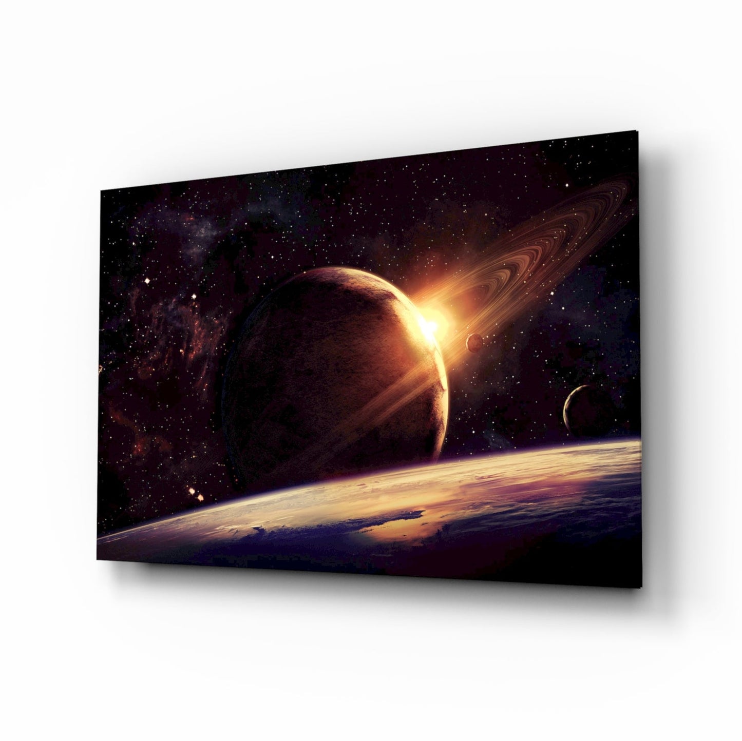 Ringed Planet Sunrise Glass Wall Art